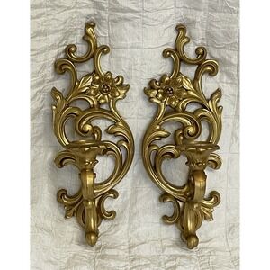 Syroco Pair Candle Wall Sconces 5133 Gold Vintage Hollywood Regency 1960's